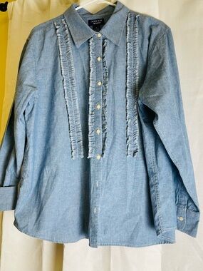 Light Blue Ruffle-Front Button-Down Shirt -